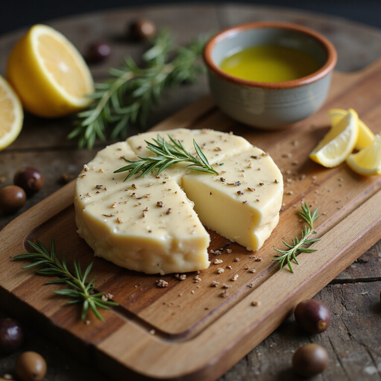Tradycyjny ser halloumi na drewnianej desce z ziołami i oliwkami