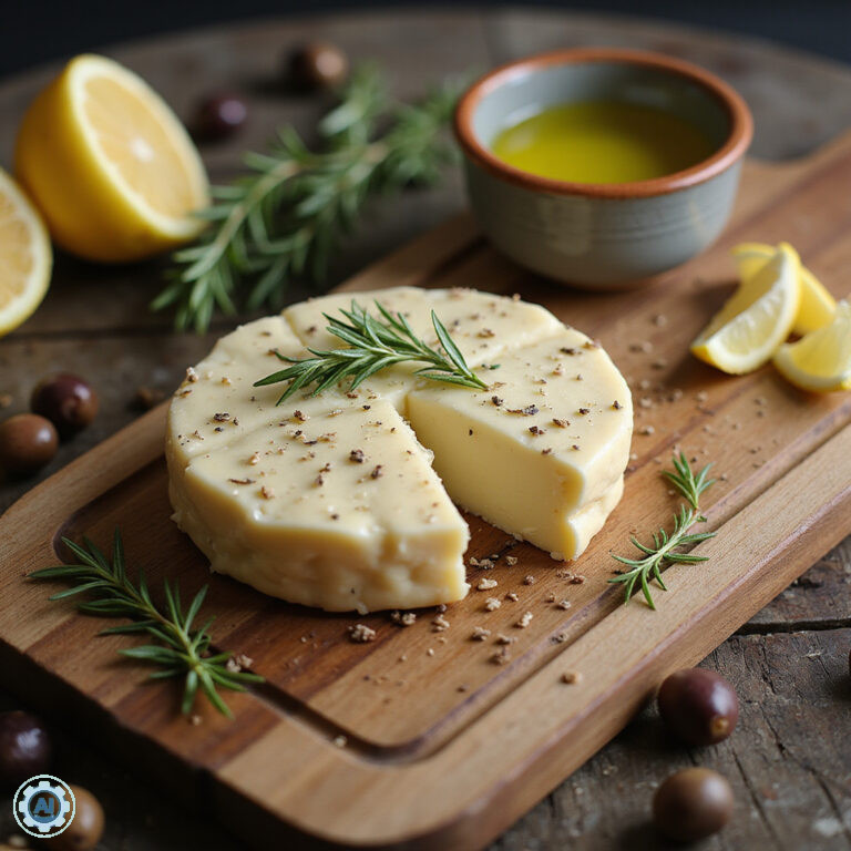 Tradycyjny ser halloumi na drewnianej desce z ziołami i oliwkami