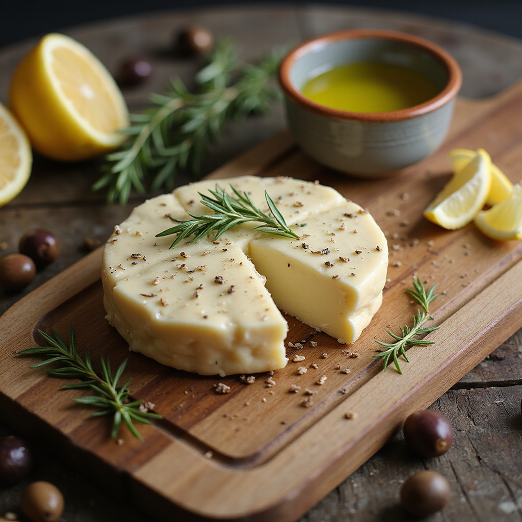 Tradycyjny ser halloumi na drewnianej desce z ziołami i oliwkami