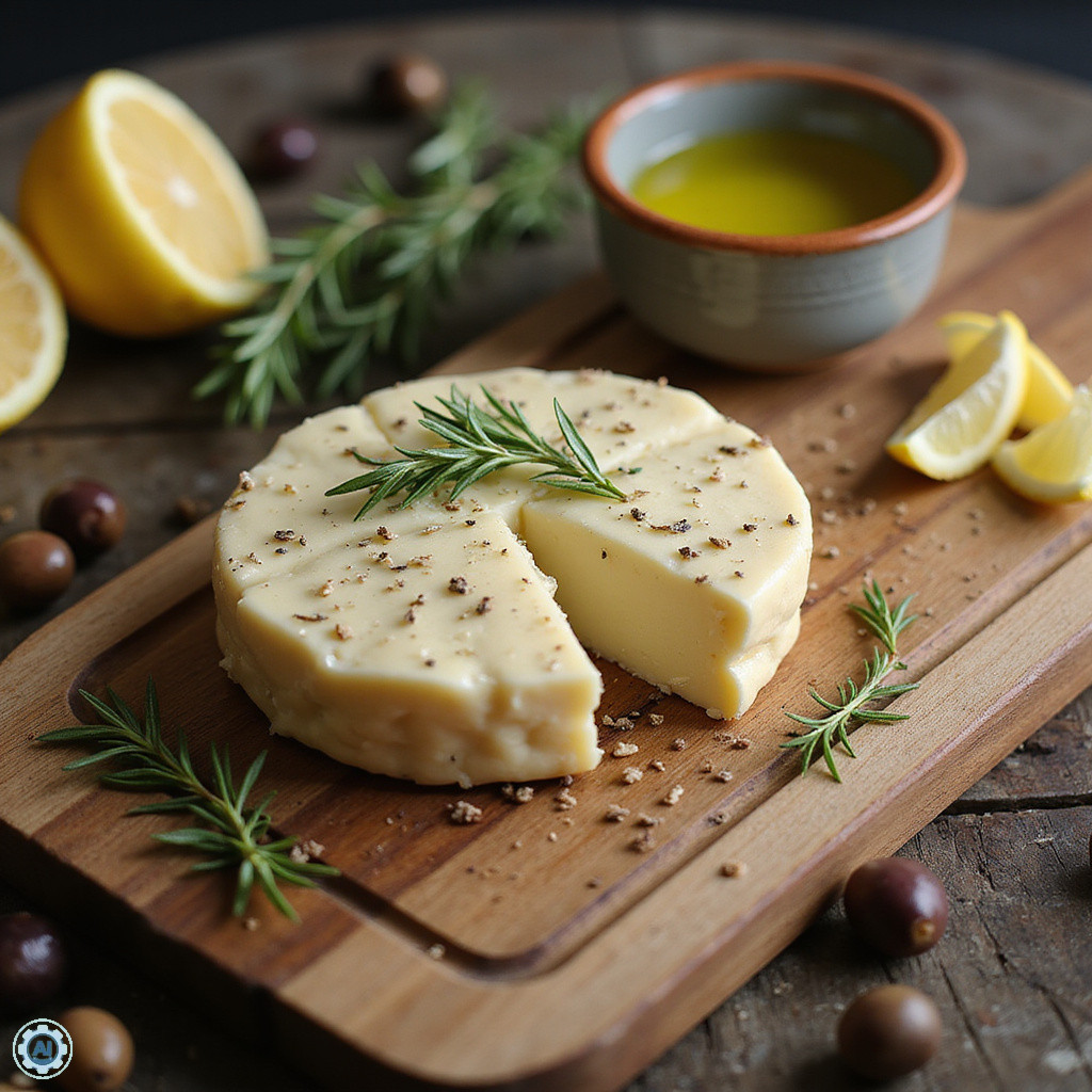 Tradycyjny ser halloumi na drewnianej desce z ziołami i oliwkami