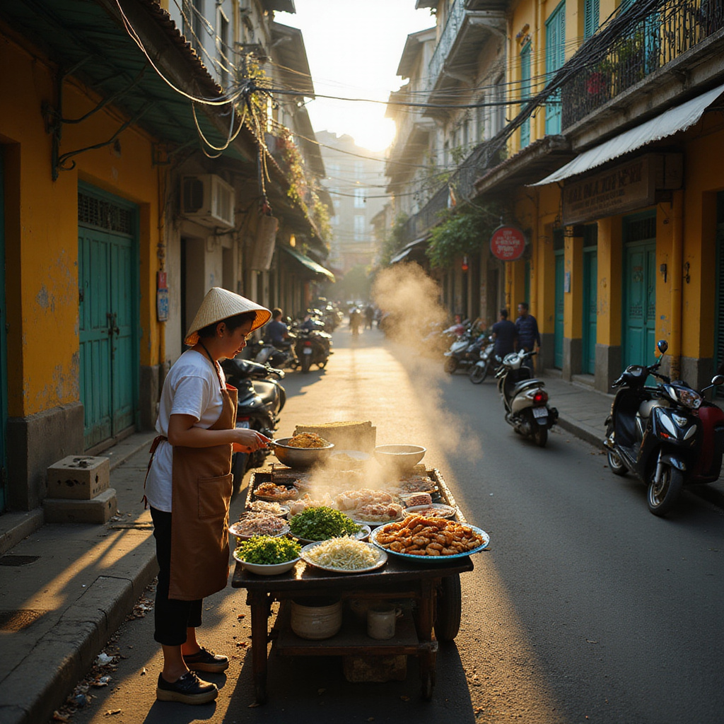 Ulica w Hanoi z tradycyjnym straganem serwującym wietnamskie naleśniki