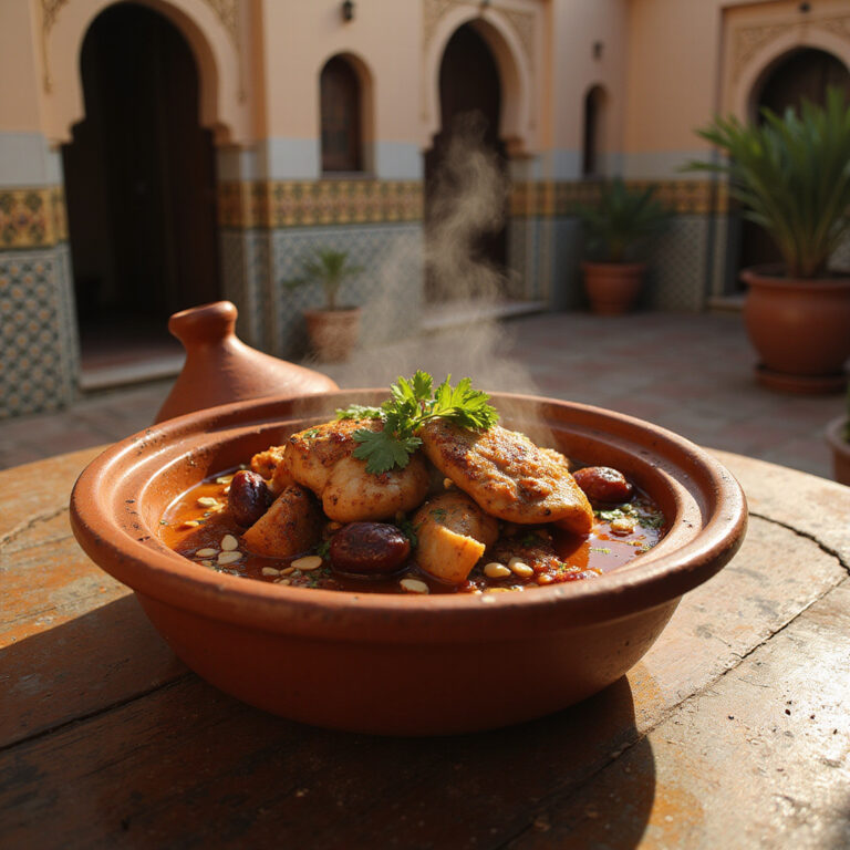 tajine tunezyjski z kurczakiem i daktylami na glinianym garnku, tradycyjna kuchnia Maghrebu