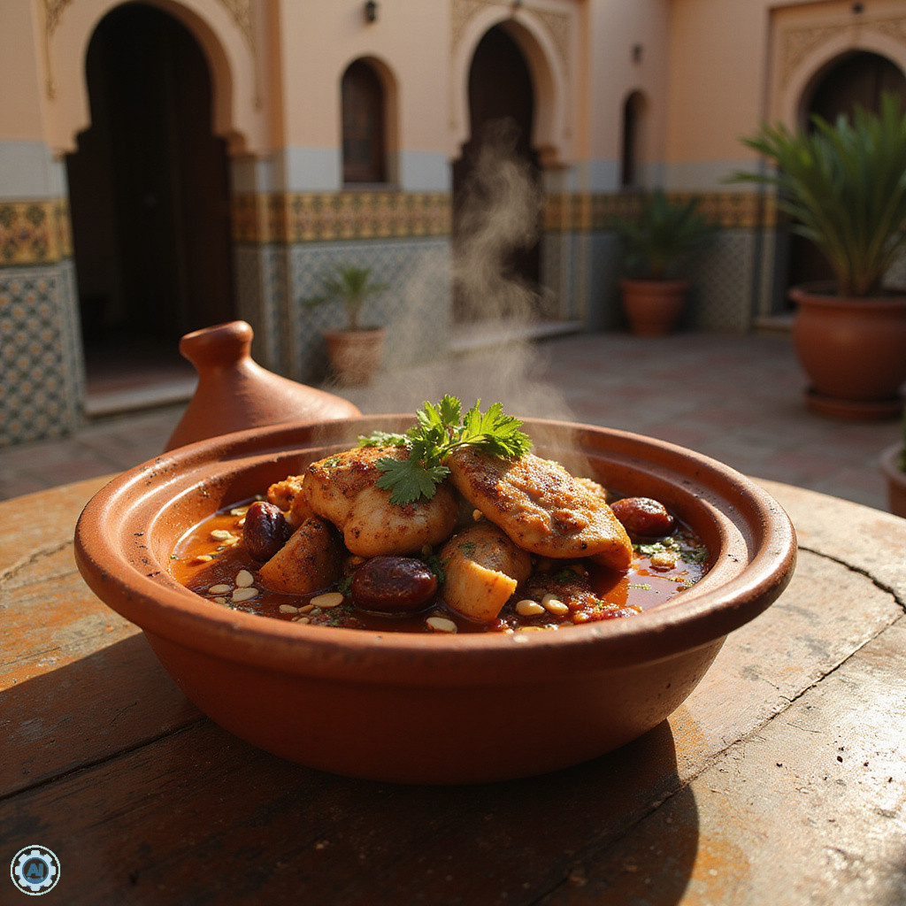 tajine tunezyjski z kurczakiem i daktylami na glinianym garnku, tradycyjna kuchnia Maghrebu