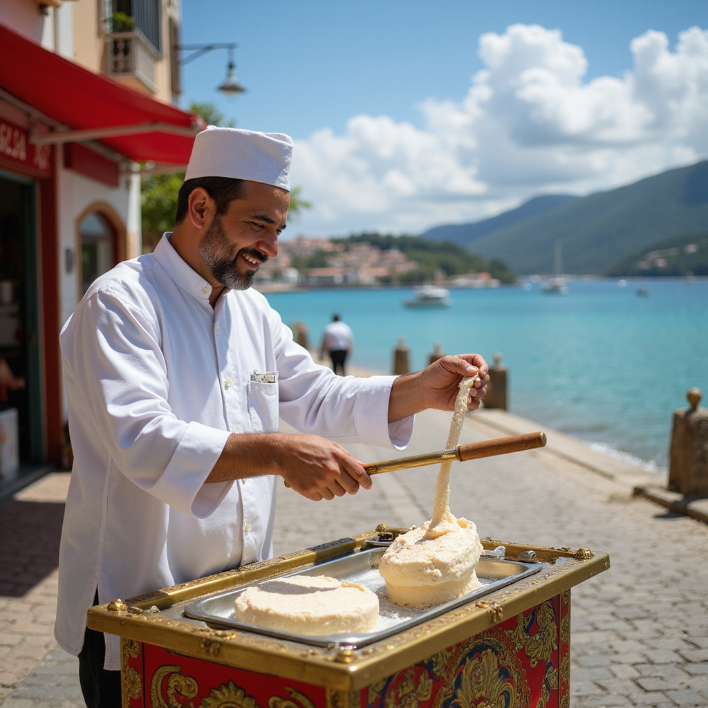 tureckie lody dondurma na ulicy w Marmaris z widokiem na morze