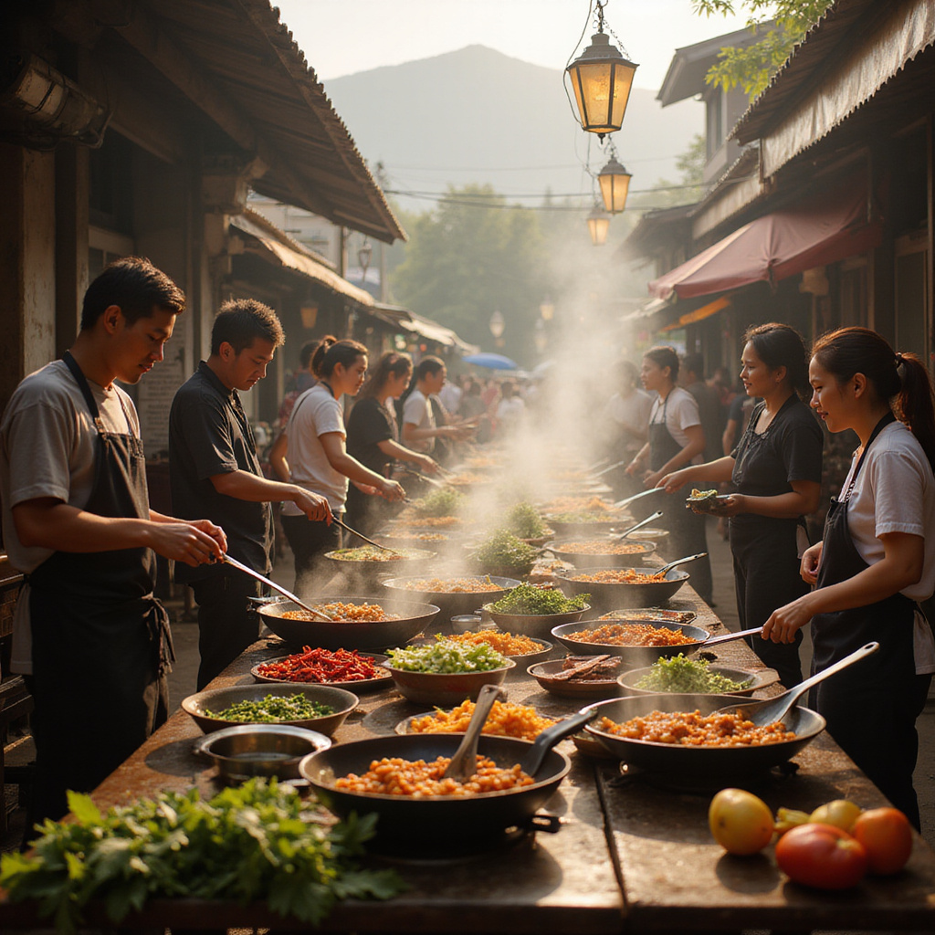 Uczestnicy kursu gotowania w Chiang Mai przygotowują tradycyjne tajskie dania na targu z lokalnymi składnikami