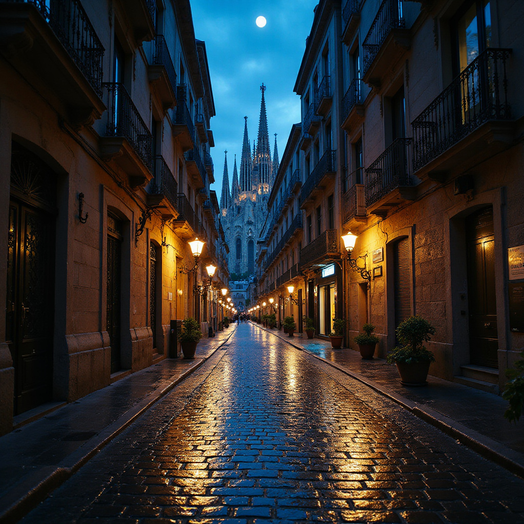 Ulica w Barcelonie w okolicach Sagrada Família nocą
