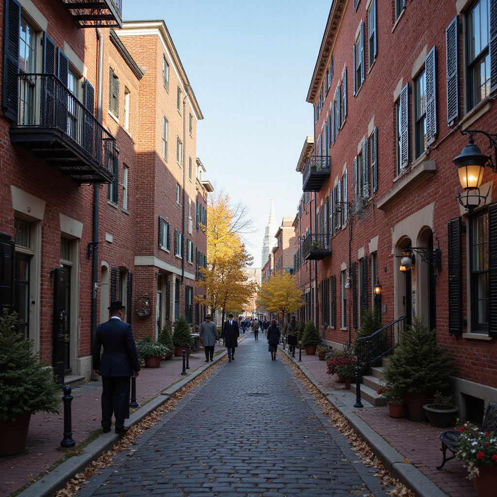 Ulica w Bostonie z charakterystycznymi ceglanymi budynkami