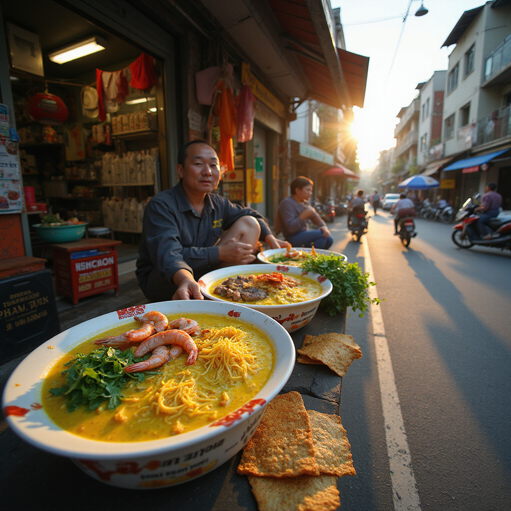 Ulica w Da Nang z lokalnym straganem serwującym tradycyjne Mi Quang