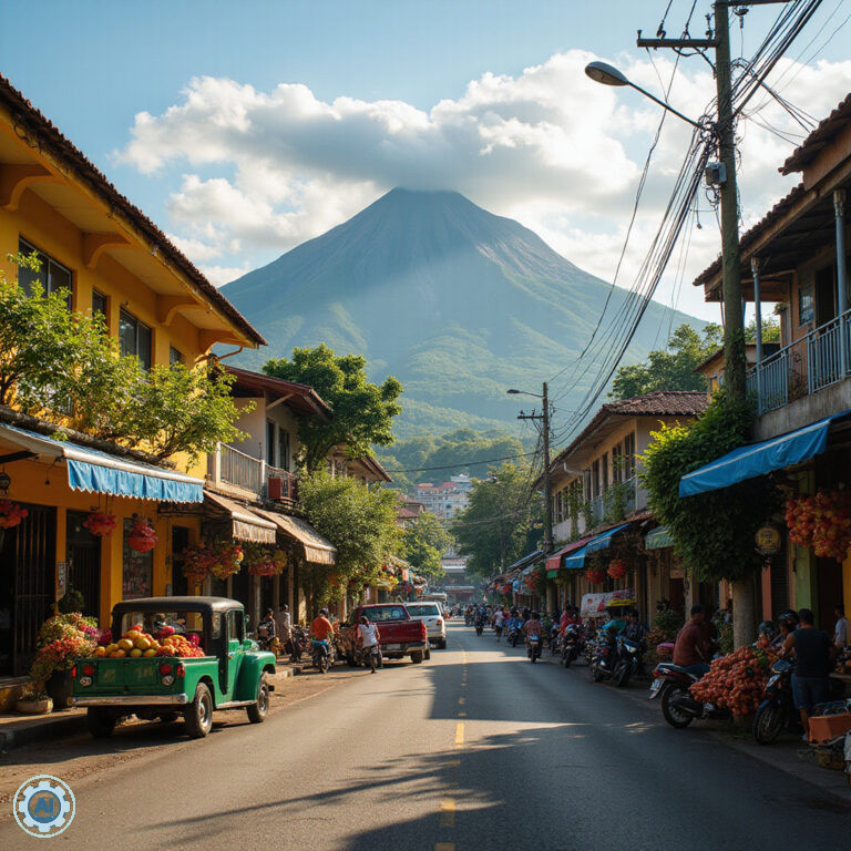Ulica w Davao City z widokiem na górę Apo, tętniąca życiem i kolorami