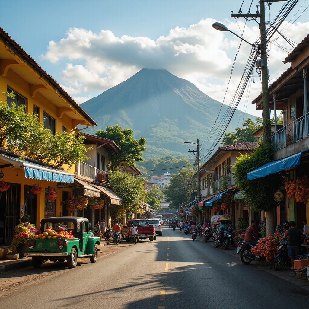 Ulica w Davao City z widokiem na górę Apo, tętniąca życiem i kolorami