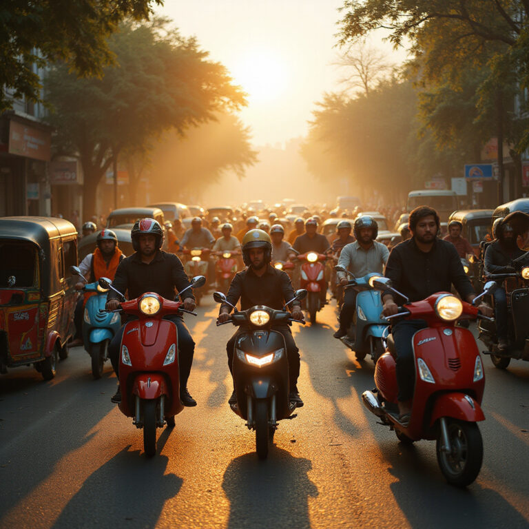 ulica w Hanoi z intensywnym ruchem skuterów i tuk-tuków