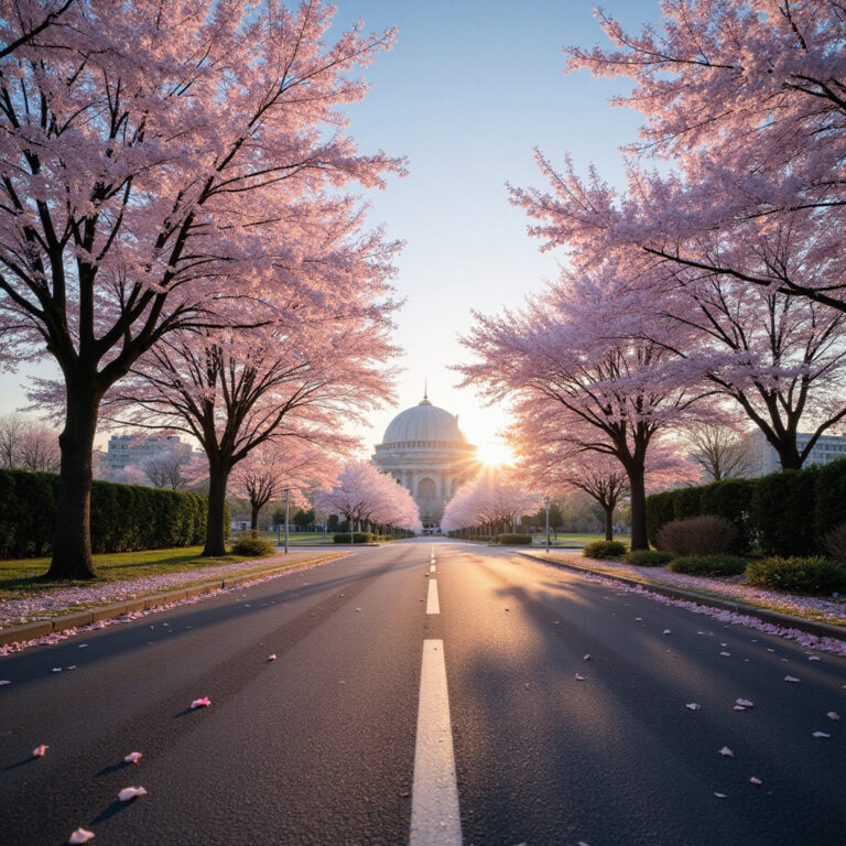 Hiroshima zwiedzanie - ulica z widokiem na Park Pokoju i drzewa wiśni