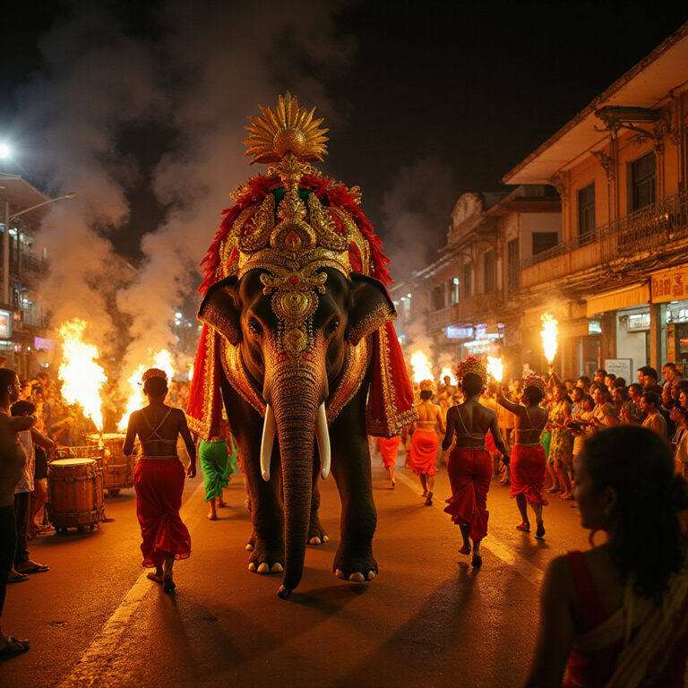 Sri Lanka - ulica w Kandy w czasie festiwalu Esala Perahera, kolorowe stroje i słonie