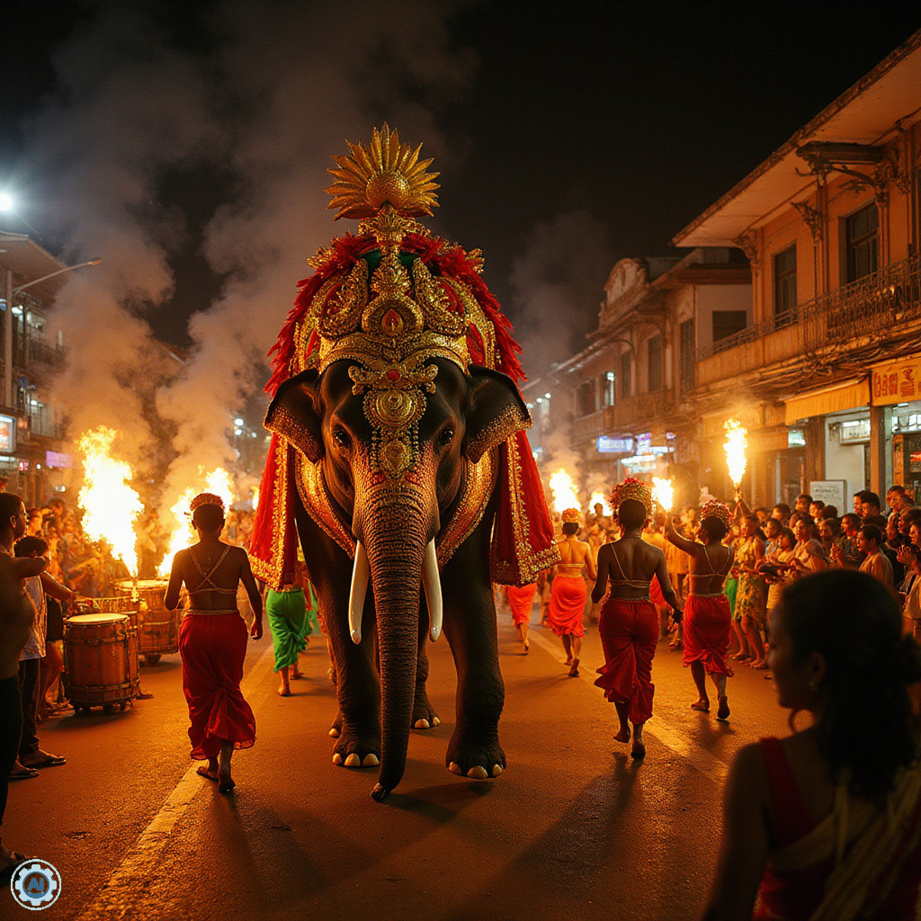 Sri Lanka - ulica w Kandy w czasie festiwalu Esala Perahera, kolorowe stroje i słonie
