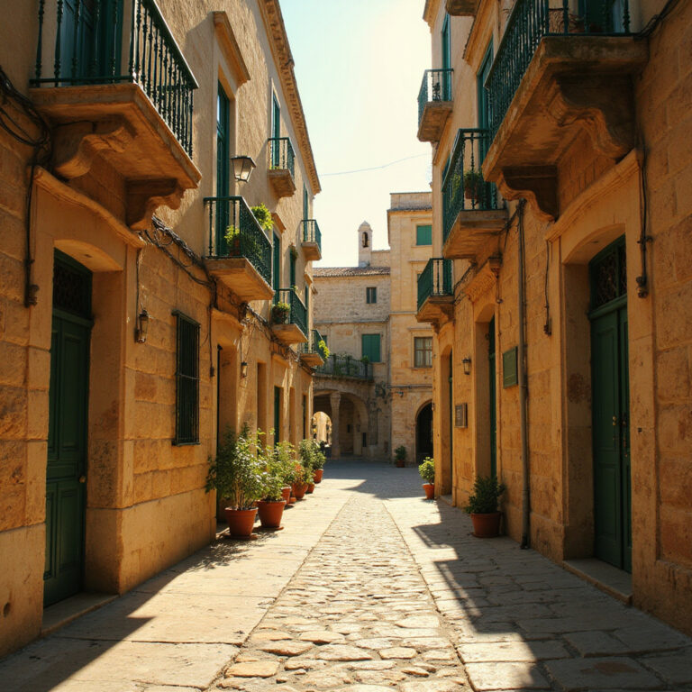 Ulica w Mdinie prowadząca do Palazzo Falson, najstarszego pałacu na Malcie, otoczona kamiennymi budynkami