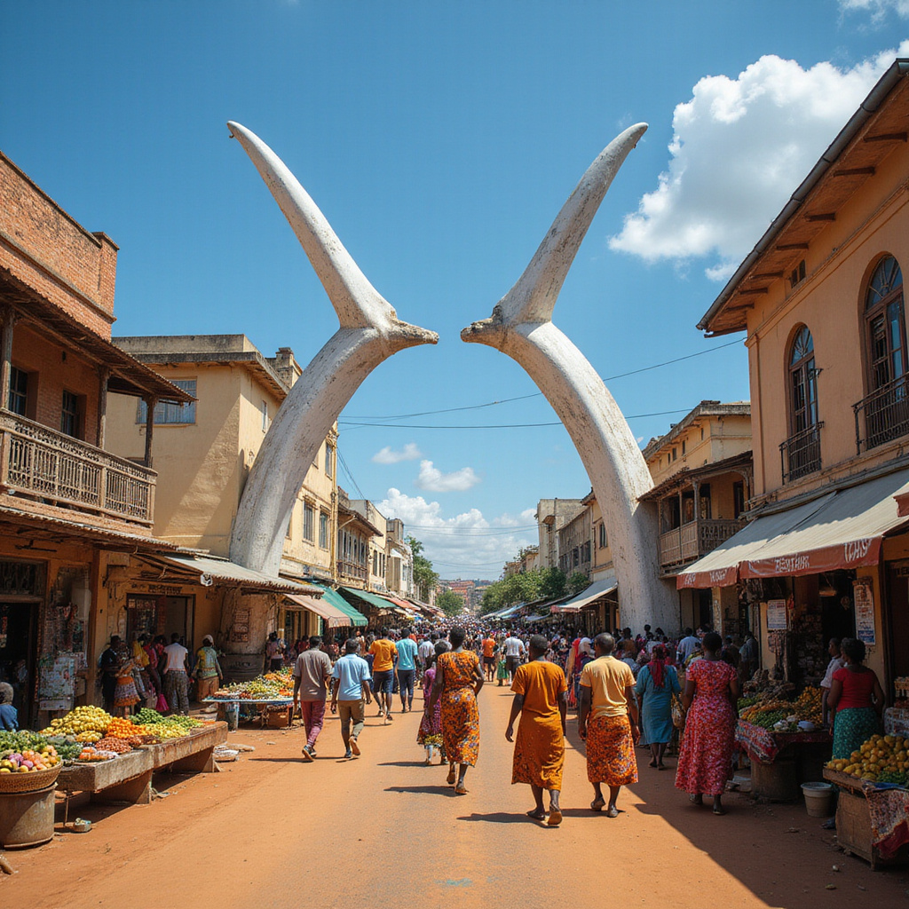Ulica w Mombasie z widokiem na Elephant Tusks, tętniąca życiem i kolorami