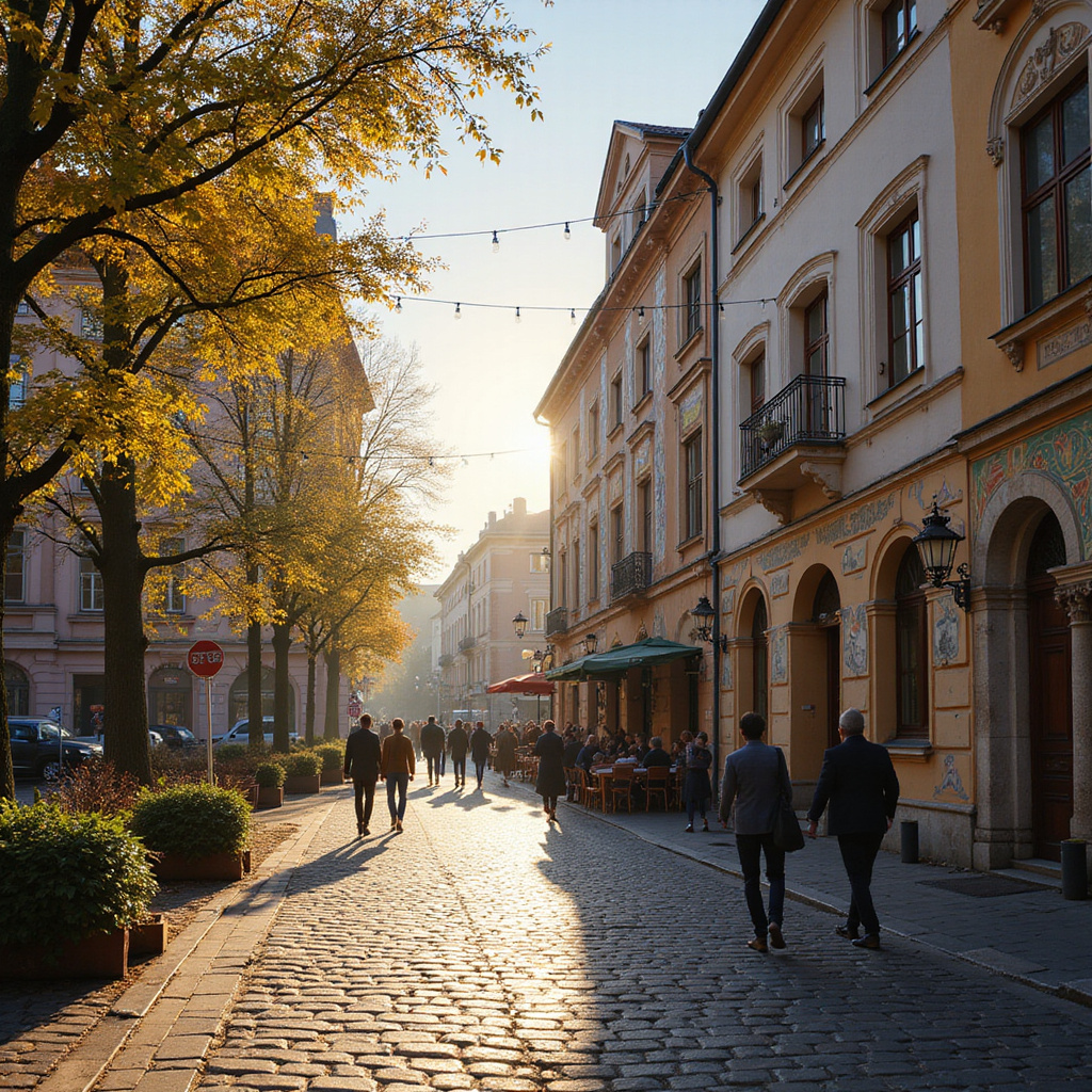 Pilzno - ulica w centrum miasta z muralami i zabytkami