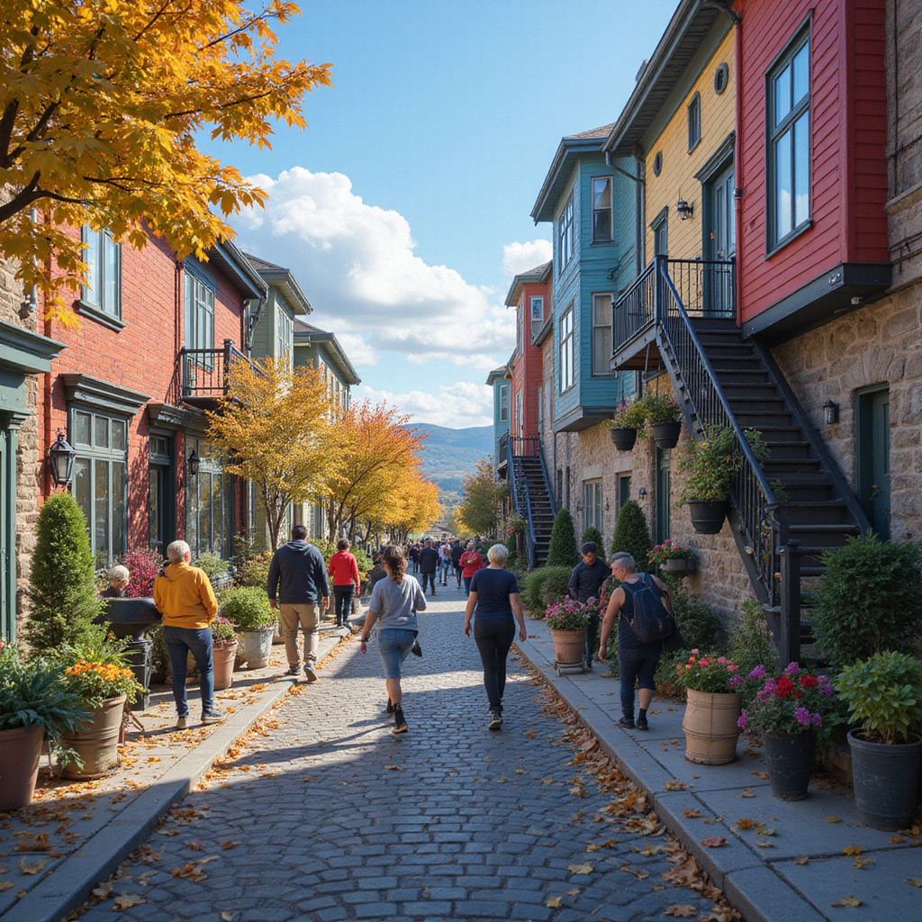 kanadyjska ulica w Quebecu z kolorowymi domami i wolontariuszami