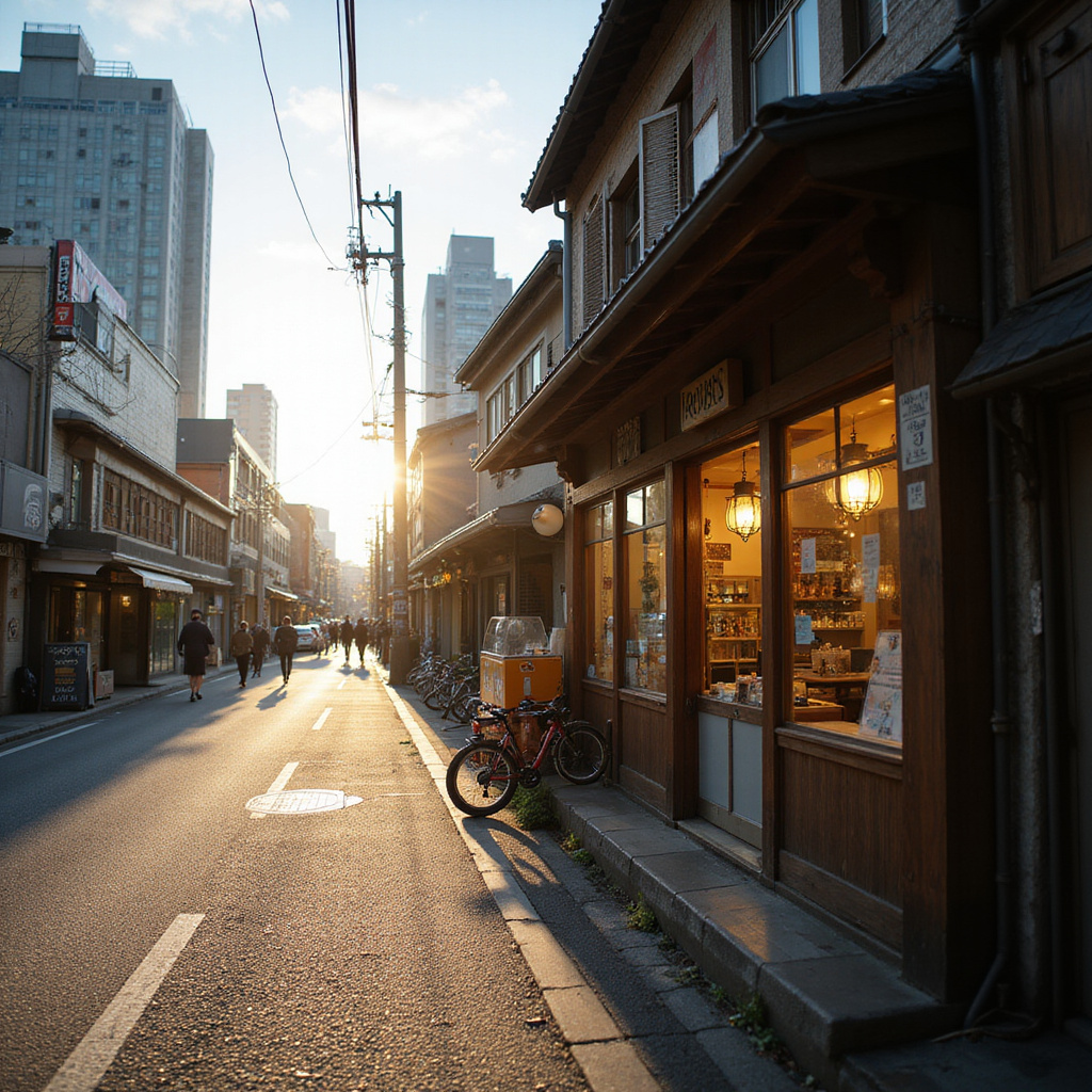 Ulica w Hiroszimie z tradycyjnymi kawiarniami i nowoczesnymi budynkami