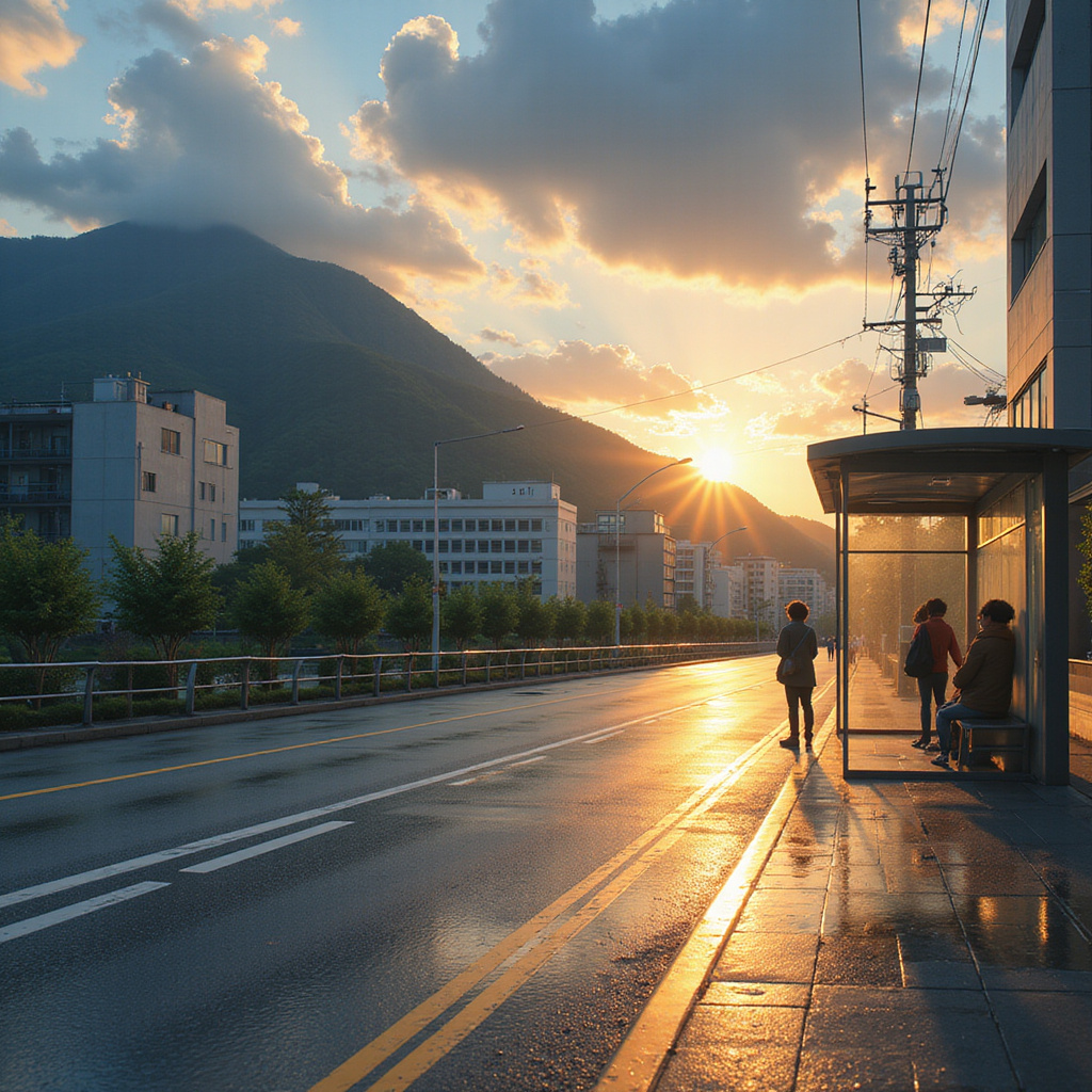 Ulica w Kobe z widokiem na przystanek autobusowy i góry