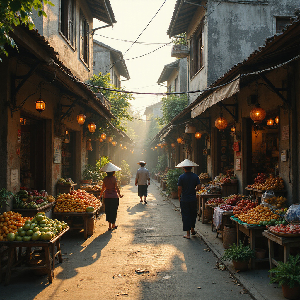 Uliczka w Can Tho w pobliżu rzeki Mekong, z lokalnymi straganami i tradycyjną architekturą
