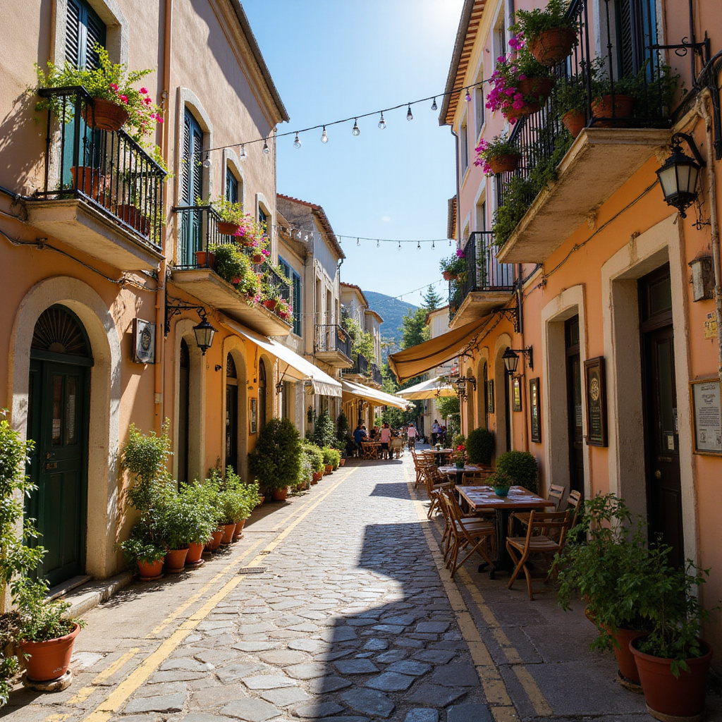 Urokliwa uliczka w Korfu z lokalnymi sklepami i kawiarniami, idealna na spacer