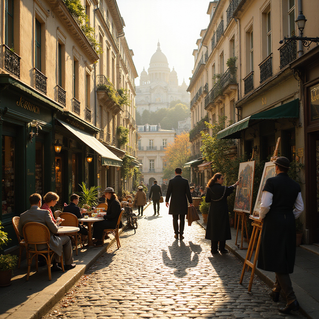 Uliczka w Montmartre z kawiarniami i artystami malującymi obrazy