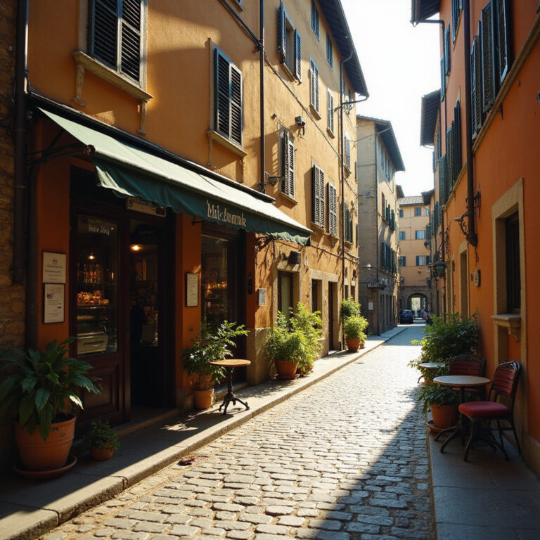 Uliczka w dzielnicy Oltrarno we Florencji z widocznymi zabytkowymi kamienicami i lokalnym barem