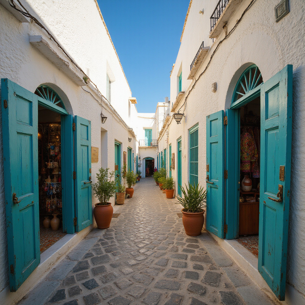 Medina Sousse UNESCO – biała uliczka z turkusowymi drzwiami i tradycyjnymi sklepami
