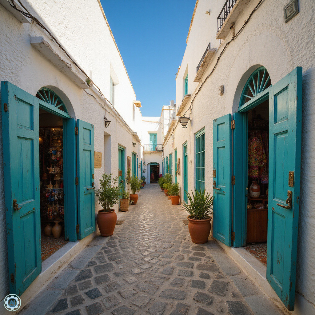Medina Sousse UNESCO – biała uliczka z turkusowymi drzwiami i tradycyjnymi sklepami