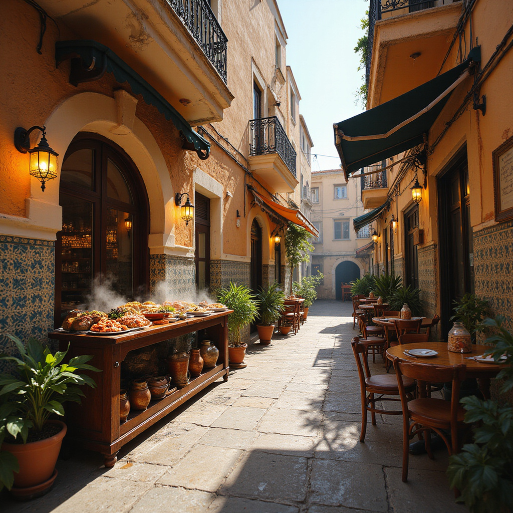 uliczka w Tunisie z restauracją serwującą lokalne potrawy, kuchnia tunezyjska