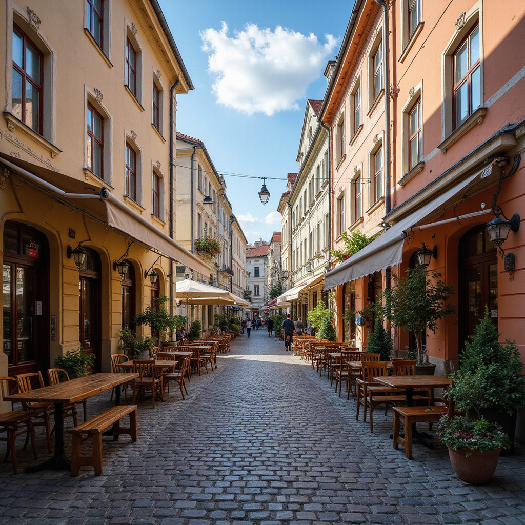 Urokliwa uliczka w Pilznie z kawiarniami i restauracjami