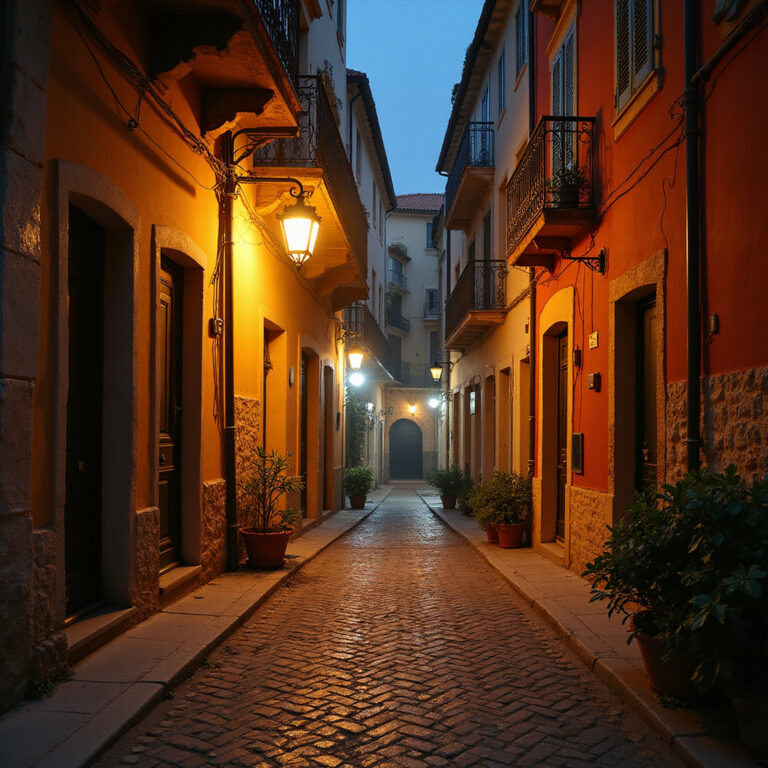 Uliczki Marsylii nocą z oświetlonymi latarniami i kolorowymi fasadami