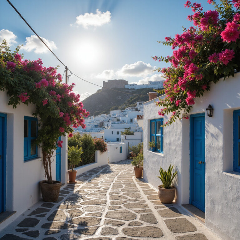 Uliczka w Pyrgos Kallistis z widokiem na historyczne kasteli i białą zabudowę