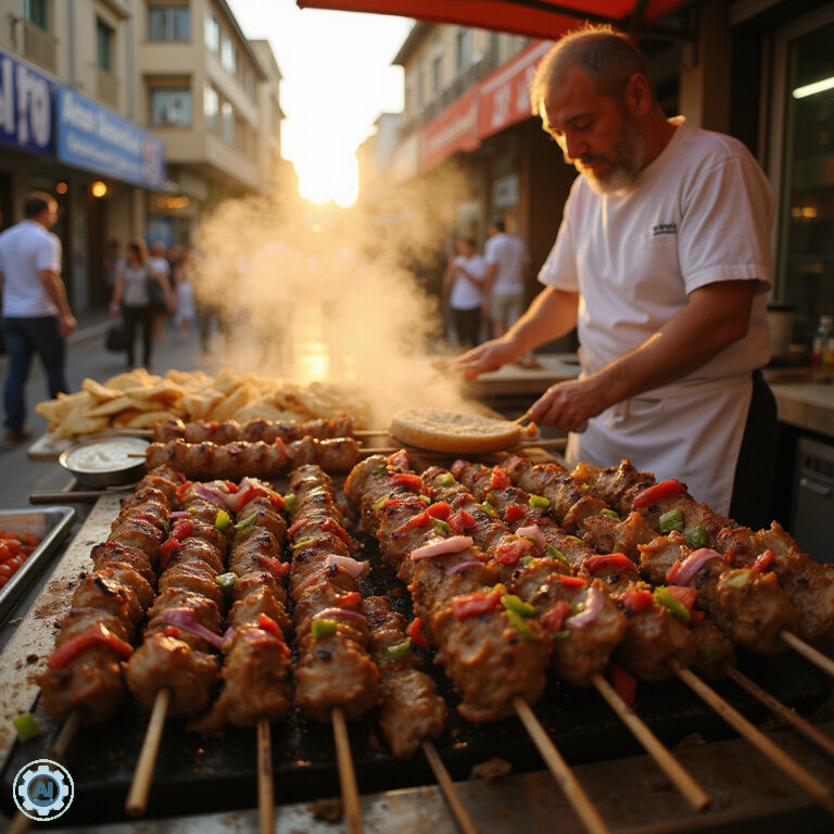 Uliczny stragan z greckimi przysmakami w Atenach, souvlaki i gyros