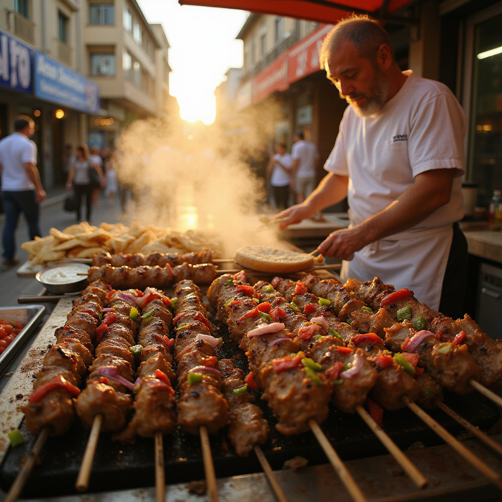 Uliczny stragan z greckimi przysmakami w Atenach, souvlaki i gyros