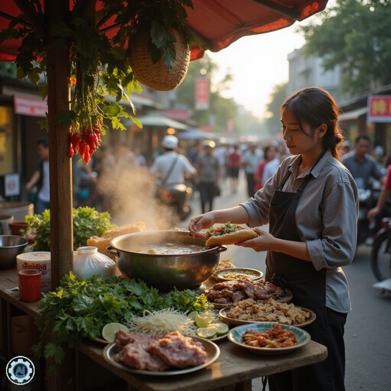 Uliczny stragan z jedzeniem w Hanoi oferujący pho i banh mi, wietnamska kuchnia, street food