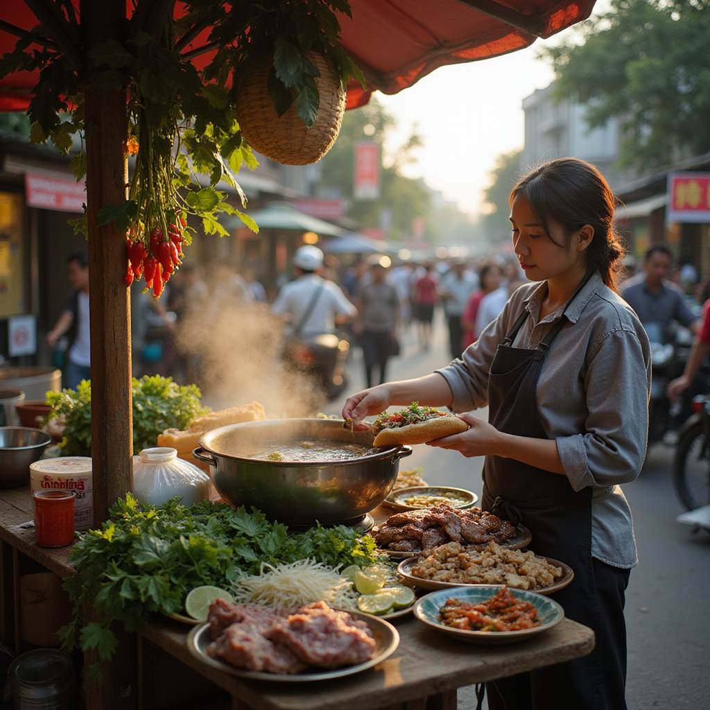 Uliczny stragan z jedzeniem w Hanoi oferujący pho i banh mi, wietnamska kuchnia, street food