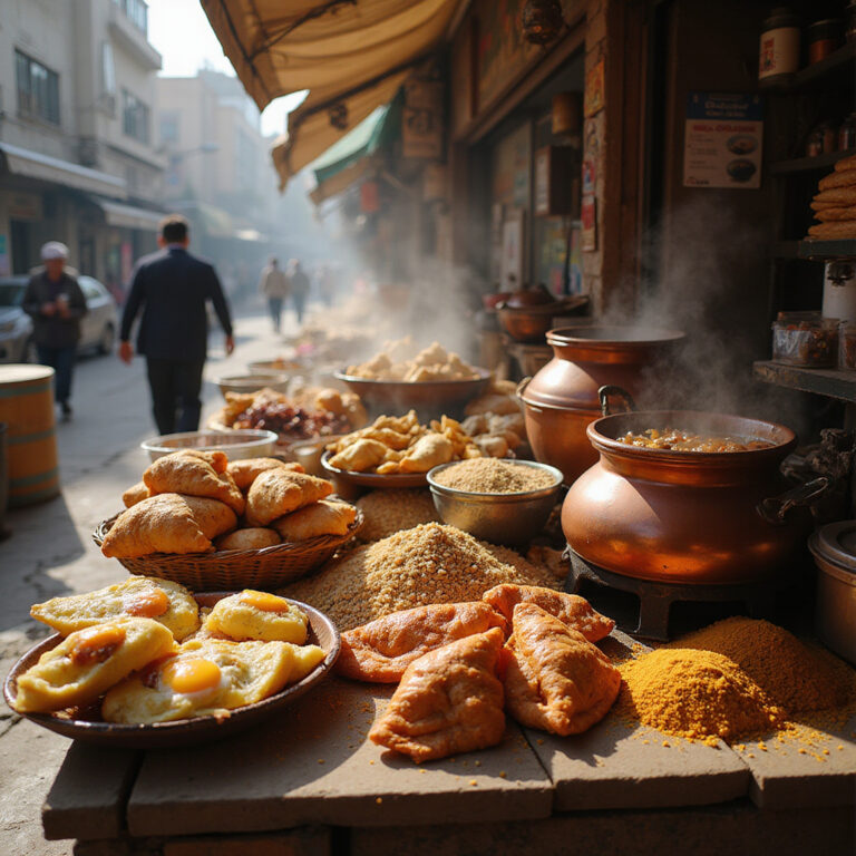 Uliczny stragan z tradycyjnym jedzeniem w Kairouanie, gdzie można spróbować autentycznych smaków