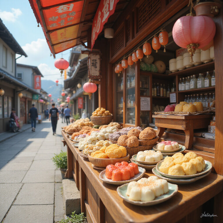 tradycyjne wagashi na ulicy w Hiroszimie z widokiem na lokalne stragany