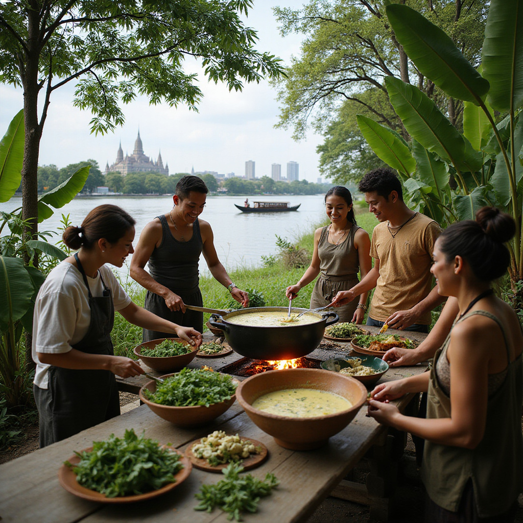 Grupa osób gotujących green curry w ogrodzie nad rzeką Chao Phraya w Tajlandii