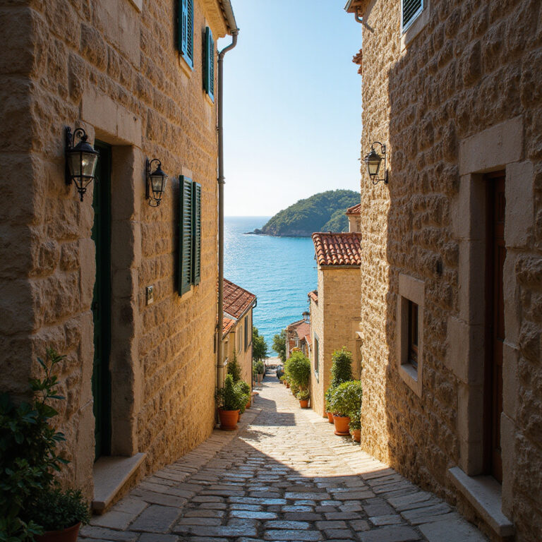 Wąskie uliczki Trogiru z kamiennymi domami i błękitem Adriatyku w tle