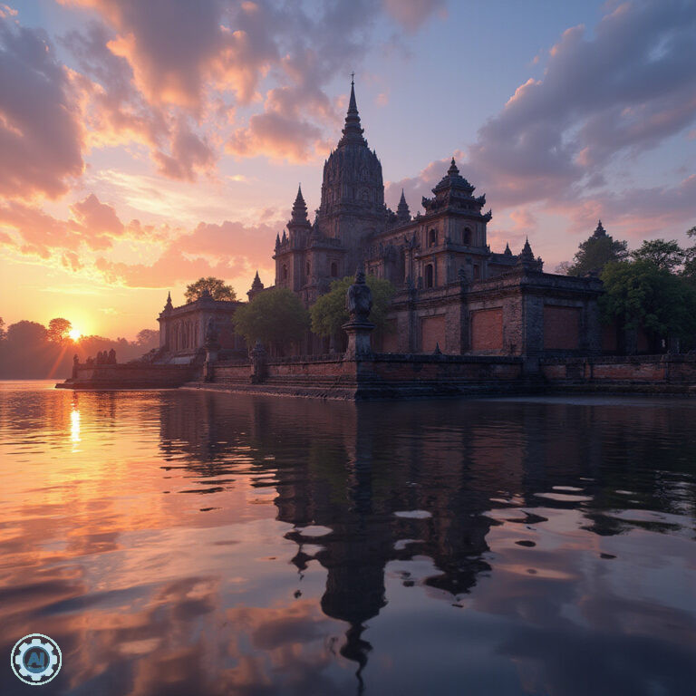 Świątynia Wat Chaiwatthanaram o zachodzie słońca nad rzeką Chao Phraya