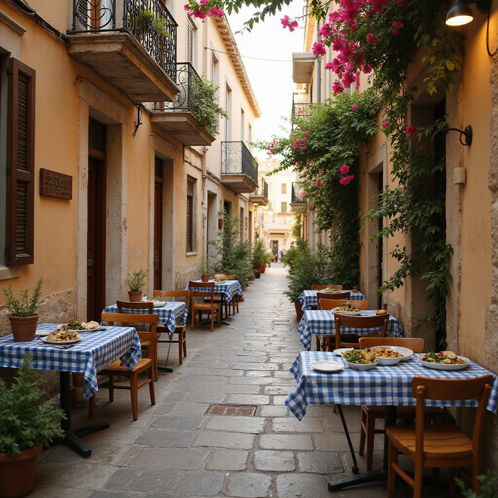 Uliczka w Atenach z kawiarnią serwującą wegańskie dania greckie, widok na stoliki na zewnątrz