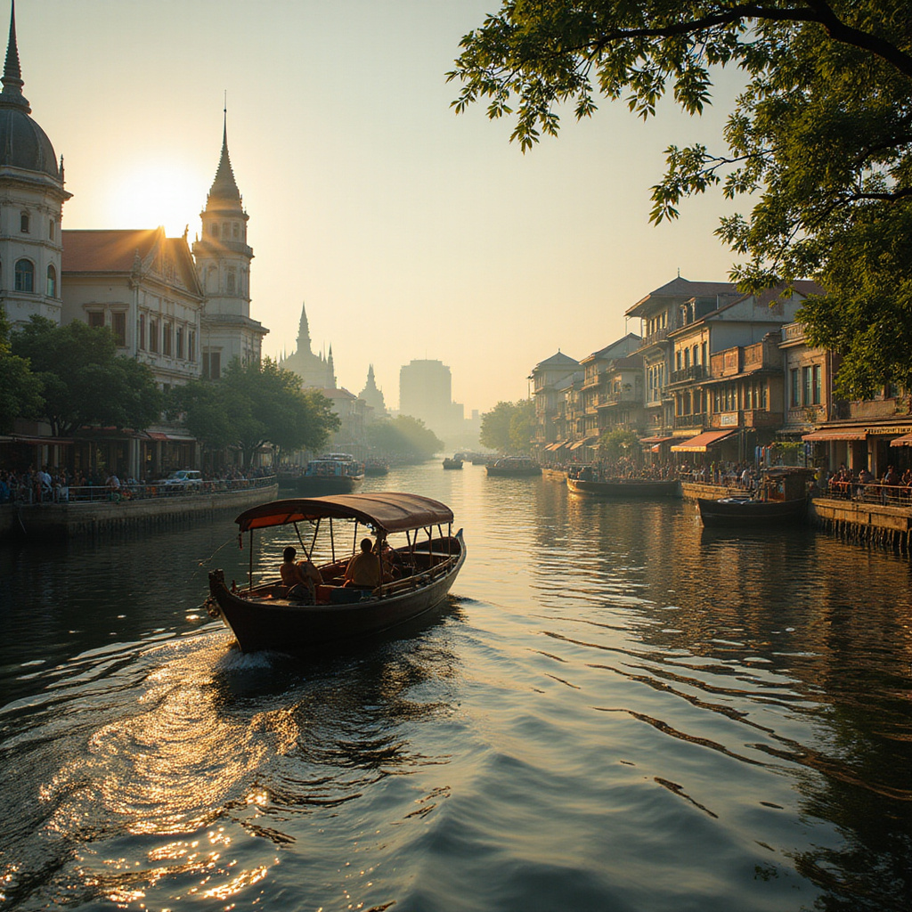 River boat na rzece Chao Phraya z widokiem na ulicę Charoen Krung w Bangkoku
