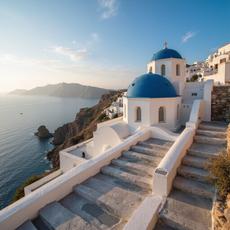Widok na kościół Proroka Eliasza na tle morza Egejskiego, Santoryn