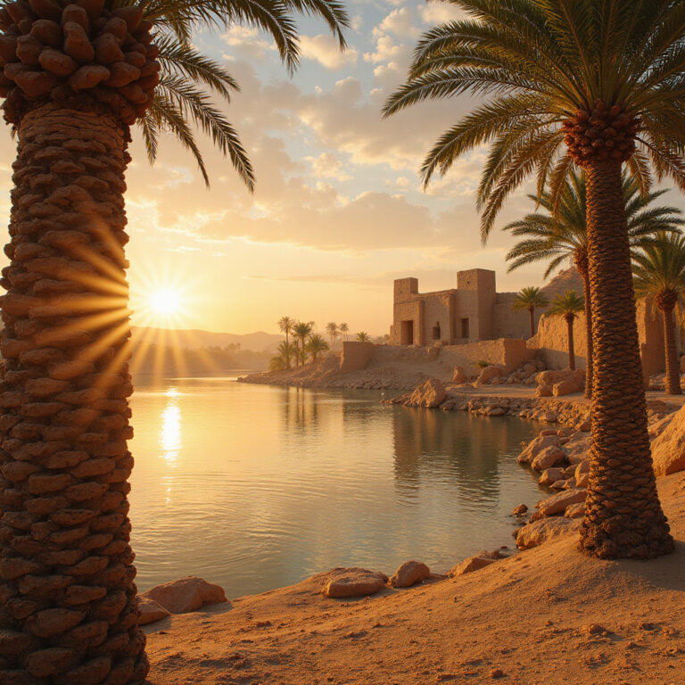 Oaza Siwa – widok na palmy i starożytne ruiny w złotym świetle zachodu słońca