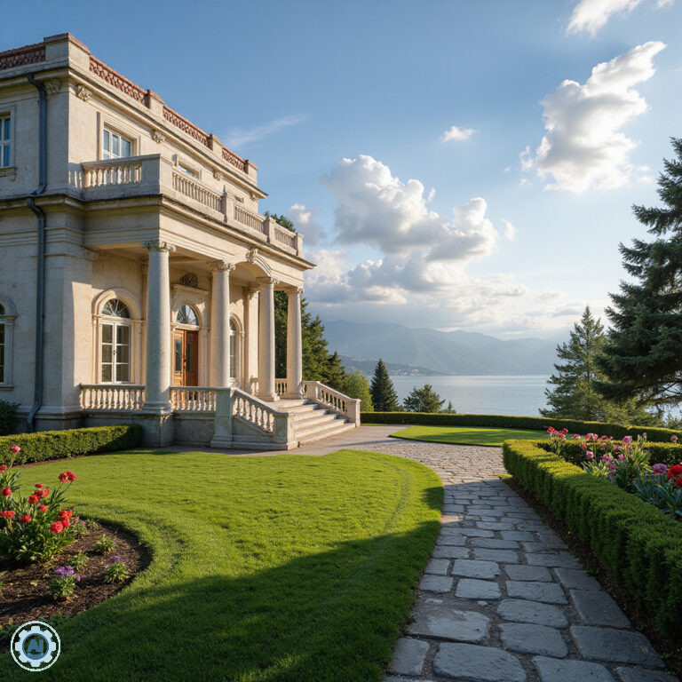 Widok na pałac Atatürka w Trabzonie z ogrodami, architektura neoklasycystyczna i morze w tle