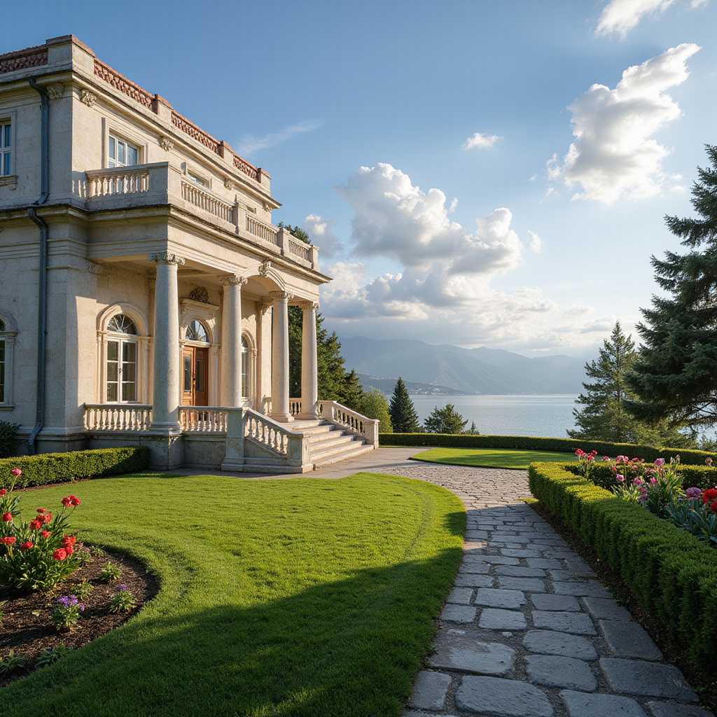 Widok na pałac Atatürka w Trabzonie z ogrodami, architektura neoklasycystyczna i morze w tle