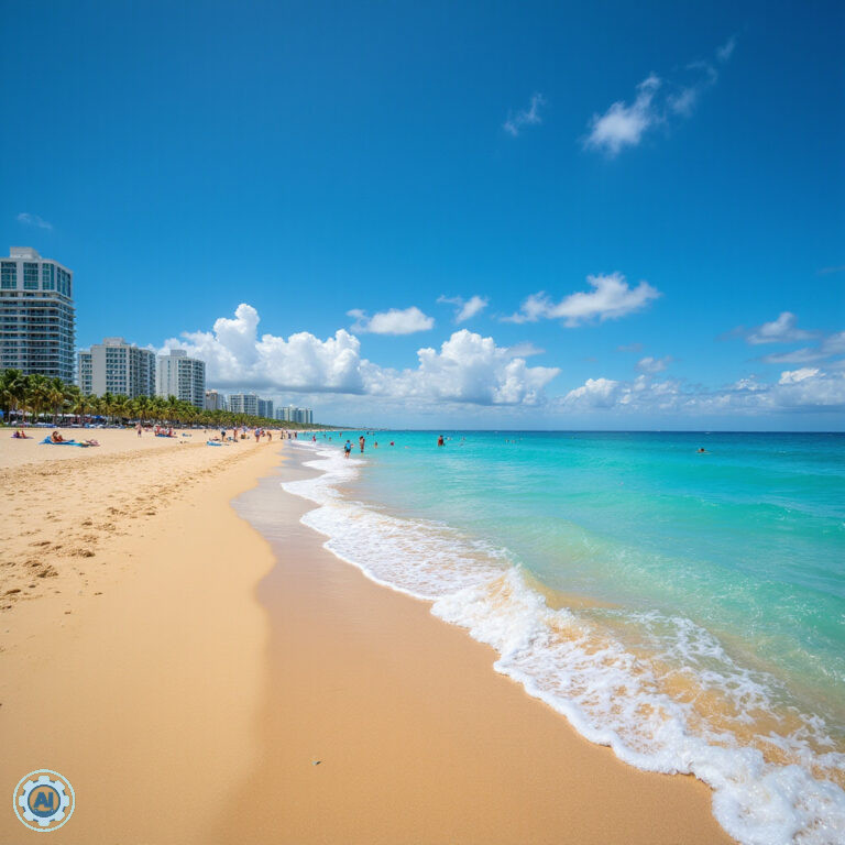 South Beach w Miami z turkusową wodą i złocistym piaskiem, idealne miejsce na relaks i sporty wodne